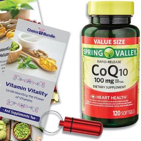 Spring Valley Rapid-Release CoQ10, 100 mg Softgels 120 CT Choice Bundle + “Vitamin Vitality" Guide & Keychain Pill Container (3 Items)!