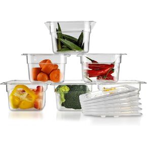 6Pack Food Pans, 1/6 Size 6 Inch Deep Commercial Food Storage Containers, Polycarbonate, Clear (Click to select 1/6 Size, 6" Deep With lid)