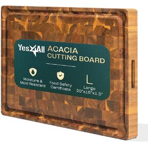 Yes4All Durable Acacia Cutting Boards for Kitchen, [20''Lx15''Wx1.5" Thick] Large End Grain Cutting Board, Pre Oiled Wood Cutting Boards, Thick Chopping Board w/Juice Grooves and Easy Grip Handle