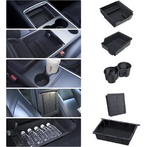 Center Console Organizer Tray for Tesla Model Y 2024 2023-2020, BANKKY 5PCS Interior Accessories with Armrest Storage Tray, Hidden Storage Box, Cup Holder Insert, Center Console Wireless Charger Mat