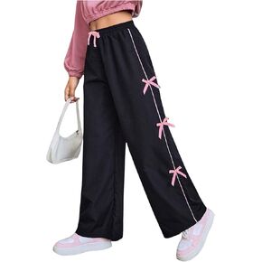 WDIRARA Girl's Bow Side Drawstring Waist Track Pants Cute Wide Leg Trousers