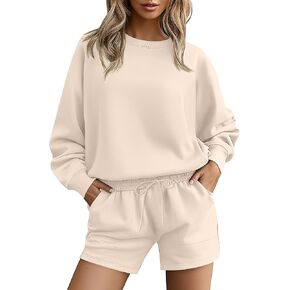 Ficerd Women's 2 Piece Outfits Long Sleeve Pullover Sweatshirt and Sweat Short Lounge Tracksuit Fall Winter Sweatsuit