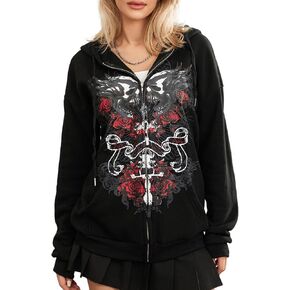 KOSUSANILL Women Y2K Zip Up Hoodie Long Sleeve Fairy Grunge Graphic Sweatshirt Vintage Aesthetic Jacket Oversized Streetwear