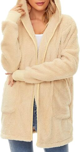 Century Star Women Fleece Cardigan Hooded Loose Fuzzy Cardigan Coat Womens Fuzzy Jacket Outwear in Kuwait