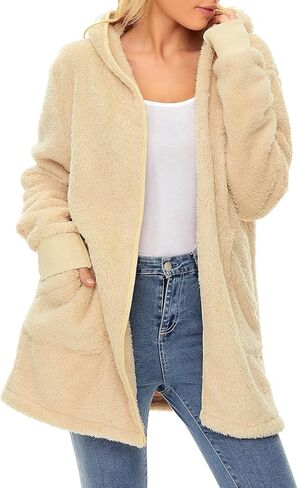 Century Star Women Fleece Cardigan Hooded Loose Fuzzy Cardigan Coat Womens Fuzzy Jacket Outwear in Kuwait