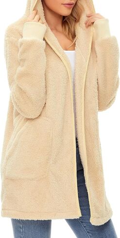 Century Star Women Fleece Cardigan Hooded Loose Fuzzy Cardigan Coat Womens Fuzzy Jacket Outwear in Kuwait