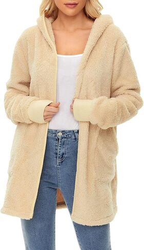 Century Star Women Fleece Cardigan Hooded Loose Fuzzy Cardigan Coat Womens Fuzzy Jacket Outwear in Kuwait
