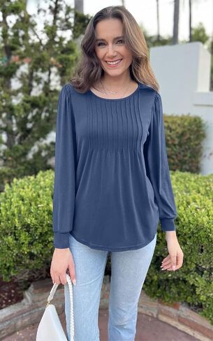 NALANISA المرأة نفخة كم طويل تونك القمم مطوي العمل البلوزات أنيق عادية فضفاض طاقم الرقبة تي شيرت خريف موضة 2024 in Kuwait