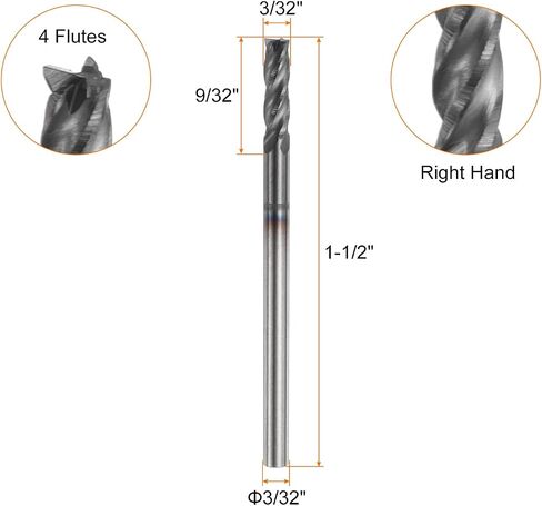 HARFINGTON 5pcs Carbide Square Nose End Mill Bit 3/32" Cut Dia 4 Flutes TiAlN Coated Milling Cutter for Hardened Steel Metal (3/32" Shank 9/32" Cut Length 1-1/2" Long 30 Degree Helix) in Saudi Arabia