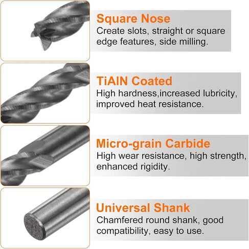 HARFINGTON 5pcs Carbide Square Nose End Mill Bit 3/32" Cut Dia 4 Flutes TiAlN Coated Milling Cutter for Hardened Steel Metal (3/32" Shank 9/32" Cut Length 1-1/2" Long 30 Degree Helix) in Saudi Arabia