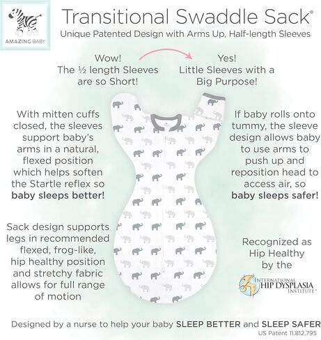 كيس قماط انتقالي رائع للأطفال مع أذرع وأكمام نصف طول وأساور قفازات، دب صغير، استرليني، متوسط، 3-6 أشهر (الفائز بجائزة اختيارات الآباء، انتقال سهل مع نوم أفضل) in Kuwait