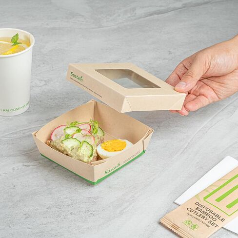 Restaurantware-Sustain 34 Ounce Sturdy Paper Take Out Boxes,200 Disposable Take Out Food Containers - With PLA lining,Paper Lid With Clear PLA Window,Bamboo Paper Containers,Compostable,Greaseproof in Saudi Arabia