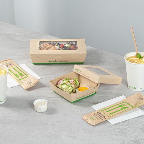 Restaurantware-Sustain 34 Ounce Sturdy Paper Take Out Boxes,200 Disposable Take Out Food Containers - With PLA lining,Paper Lid With Clear PLA Window,Bamboo Paper Containers,Compostable,Greaseproof in Saudi Arabia
