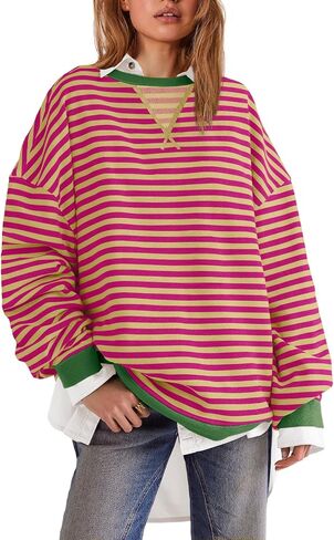 SENSERISE Womens Oversized Classic Striped Crewneck Sweatshirts Long Sleeve Color Block Shirts Casual Tops(Light Green,S) in Kuwait
