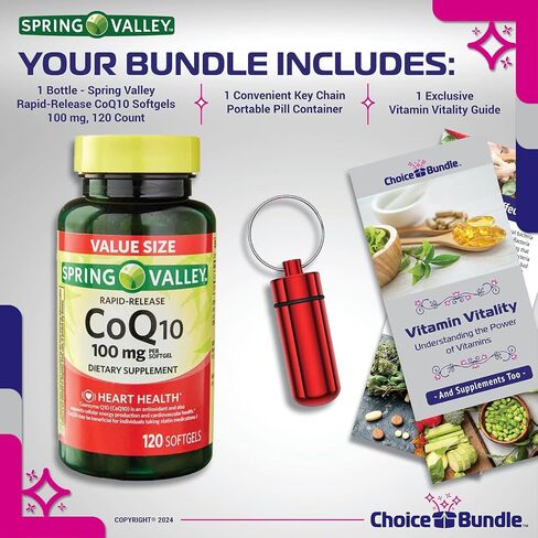 Spring Valley Rapid-Release CoQ10، 100 مجم كبسولات هلامية 120 قيراط اختياري + دليل "فيتامين الحيوية" وحاوية حبوب منع الحمل (3 عناصر)! in Saudi Arabia