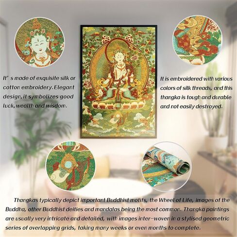 ZenBless Silk Embroidery Tibetan Thangka with Four Arms Kwan Yin Avalokitesvara Lotus Seat Wall Hanging for Home Décor Tapestry Meditation in Saudi Arabia