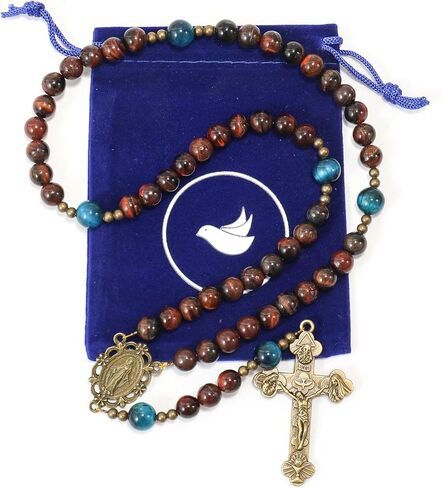 Exquisite Handmade Catholic Rosary Beads with Miraculous Medal and Holy Trinity Crucifix – 8mm Decade Beads – 10mm Mystery Glass Beads - for Men, Women and Children in Saudi Arabia