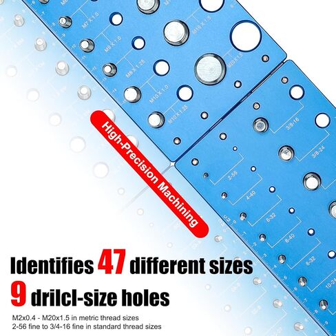 Blue Foldable Thread Gauge - 38 Nut and Bolt Size Finder, 9 Drill Bit Sizes, 18 Standard, 20 Metric Thread Checkers, Screw Size Chart; Wall-Mountable Bolt Measuring and Identification Tool for Repairs in Saudi Arabia