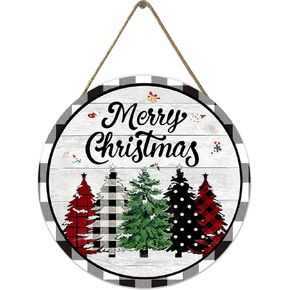 Merry Christmas Front Door Wood Sign With Watercolor Buffalo Plaid Christmas Hanging Ornaments For Home Store Cafes Club Bar Decorations 12x12 Inch