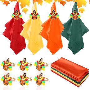18 Pcs Fall Thanksgiving Cloth Napkins and Napkin Ring, 6 Pcs Metal Turkey Pumpkin Ring Holder & 12 Pcs Fall Satin Cloth Napkin for Thanksgiving Dinner Harvest Table Settings Decor Autumn Party Favors