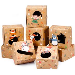 Moretoes 30pcs 4x4x2.5in Christmas Cookie Boxes with Window, Small Xmas Bakery Boxes Brown Kraft Treat Boxes for Holiday Party Favor Pastries, Cupcakes, Donuts Gift Warpping