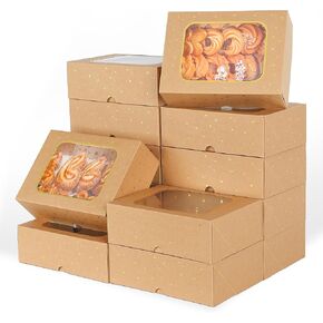 12pcs Cookie Boxes with Window, 8.25x6x2.75in White Treat Boxes with Window Gold Foil Star Bakery Cake Boxes for Christmas Gift Giving Pastry Dessert Cupcakes Candy Donut Packaging