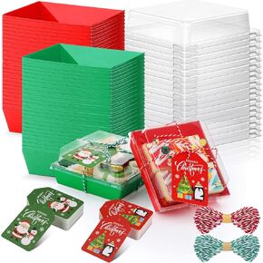 Yaomiao 50 Pcs Christmas Charcuterie Boxes with Ropes and Cards, Christmas Red Green Food Box with Clear Lids, Disposable Paper Bakery Box Dessert Containers for Xmas Party Favor Cookie Sandwich