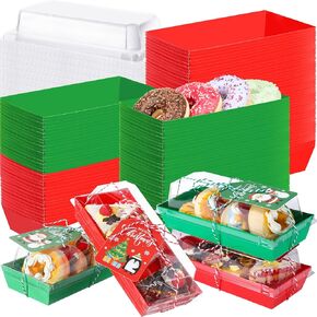 50 Pcs Christmas Charcuterie Boxes with Ropes and Cards, 7.5 Inches Dessert Boxes with Clear Lids, Red Green Disposable Food Containers for Sandwich Sushi Cake Cookies Xmas Party Favor