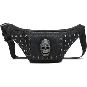 Skull Fanny Packs Fashionable PU Leather Bumbag Women and Men Belt Bag Black Waist Pack with Adjustable Belt for Rave,Festival,Travel,Party