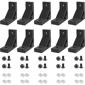 10Sets Black Heavy Duty 2020 Aluminum Extrusion Corner Brackets 20 Series Extrusion Connectors with 10PCS 2020 Aluminum Extrusion Profiles T Slot L Bracket 20PCS Screws 2020 T Nut