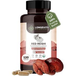Longevity Botanicals Organic Reishi Mushroom Capsules - Reishi Supplement Balanced Immune System, Relaxation and Improved Sleep - 100% Fruiting Body - 120 Capsules