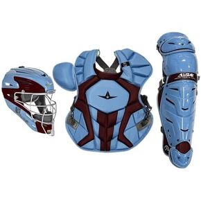 All-Star S7 Axis™ Kit - NOCSAE Certified Adult Catcher's Gear Set in Sky Blue/Maroon. Helmet, Chest and Shins Included. Retro Philly Colorway