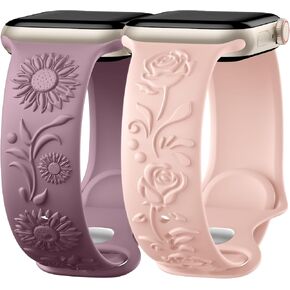 2 Pack Floral Engraved Bands Compatible with Apple Watch Band 38mm 40mm 41mm 42mm 44mm 45mm 49mm Women, Cute Soft Silicone Flower Pattern Strap for iWatch Bands Series 9 8 7 6 5 4 3 2 1 SE