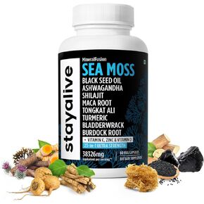 Irish Sea Moss 6000mg, Black Seed Oil 1500mg, Ashwagandha 3000mg, Burdock Root 1000mg, Bladderwrack Powder 1000mg, All in One Supplement, 60 Sea Moss Pills, Gluten-Free Shilajit Sea Moss Capsules