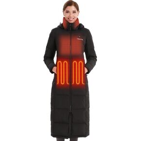 Venustas Women's Maxi-Length Heated Down Jacket, Recycled Long Electric Winter Puffer Coat with Battery