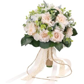 Wedding Bouquets for Bride Bridesmaid - 8" White Champagne Bridal Bouquet Artificial Roses for Wedding Church Decoration