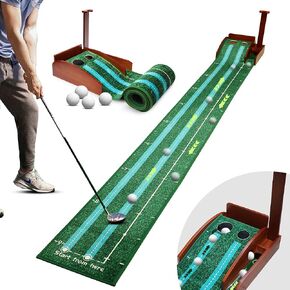 Indoor Putting Green with Motorized Ball Return, Wood Base, and Wrinkle-Free Velvet - Ideal for Golf Enthusiasts and Home or Office Use.