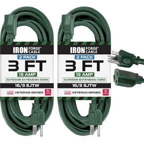 Iron Forge Cable 2 Pack Outdoor Extension Cord 25 ft, 16/3 SJTW Weatherproof Green Extension Cord 3 Prong, 13 AMP Heavy Duty Power Cable Great for Outside, Outdoor Lights, Lawn & Landscaping