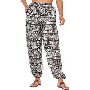 Boho Style Elephant Print Yoga Harem Pants for Women Elastic Waist Casual one Size Pajamas with Side Pockets