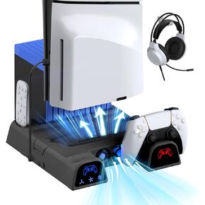 حامل تبريد متوافق مع حامل PS5/ PS5 النحيف للأقراص ووحدة التحكم الرقمية، ومحطة شحن متوافقة مع وحدة تحكم PlayStation 5 مع 11 فتحة ألعاب، ومروحة 3 مستويات in Kuwait