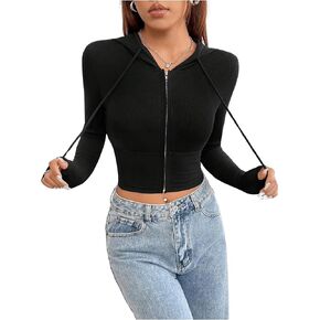 GORGLITTER Women's Drawstring Cropped Zip Up Hoodie Long Sleeve Athletic Sweatshirts