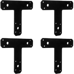 T Tie Plates in Black Finish Steel Flat Bracket Mending Plate Joining Bracket Connectors 6.5'' x 5.7'' 0.16in Thick for Wood 2x2,4x4 Lumber Pergola Repair Fixing Truss Framing 4 Packs