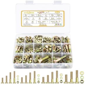 610 PCS Grade8.8 SAE Bolt and Nut Assortment,1/4 5/16 3/8 1/2 Heavy Duty Hex Head Bolts and Nuts Kit with Yellow Zinc Plated, Includes 18 Common Size,Length from 11-65mm