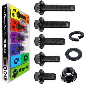EEEEE Black Metric Hex Flanged Nuts and Bolts Assortment Kit and Nuts Kit Set M6 Bolt 12mm16mm 20mm 25mm 30mm Flange Metric Bolt Assortment, Alloy Steel 10.9 Assorted Flat Washers Spring Washer nut