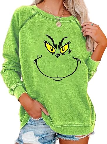 Womens Christmas Sweatshirt Long Sleeve Crewneck Vintage Blouse Graphic Sweater Green in Saudi Arabia