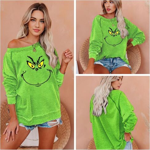 Womens Christmas Sweatshirt Long Sleeve Crewneck Vintage Blouse Graphic Sweater Green in Saudi Arabia