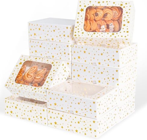 12pcs Cookie Boxes with Window, 8.25x6x2.75in White Treat Boxes with Window Gold Foil Star Bakery Cake Boxes for Christmas Gift Giving Pastry Dessert Cupcakes Candy Donut Packaging in Saudi Arabia