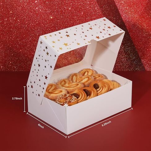 12pcs Cookie Boxes with Window, 8.25x6x2.75in White Treat Boxes with Window Gold Foil Star Bakery Cake Boxes for Christmas Gift Giving Pastry Dessert Cupcakes Candy Donut Packaging in Saudi Arabia