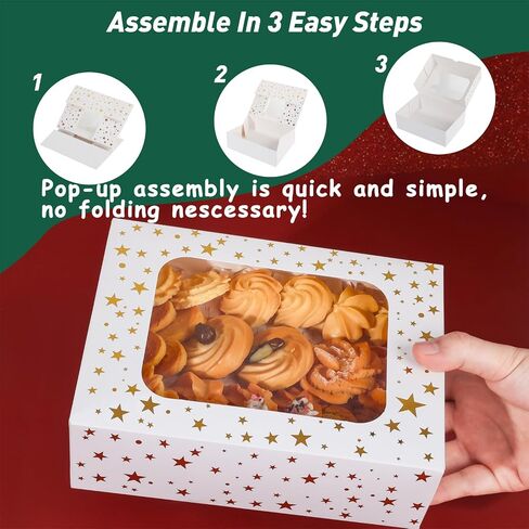 12pcs Cookie Boxes with Window, 8.25x6x2.75in White Treat Boxes with Window Gold Foil Star Bakery Cake Boxes for Christmas Gift Giving Pastry Dessert Cupcakes Candy Donut Packaging in Saudi Arabia
