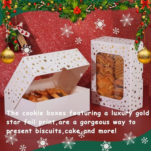 12pcs Cookie Boxes with Window, 8.25x6x2.75in White Treat Boxes with Window Gold Foil Star Bakery Cake Boxes for Christmas Gift Giving Pastry Dessert Cupcakes Candy Donut Packaging in Saudi Arabia